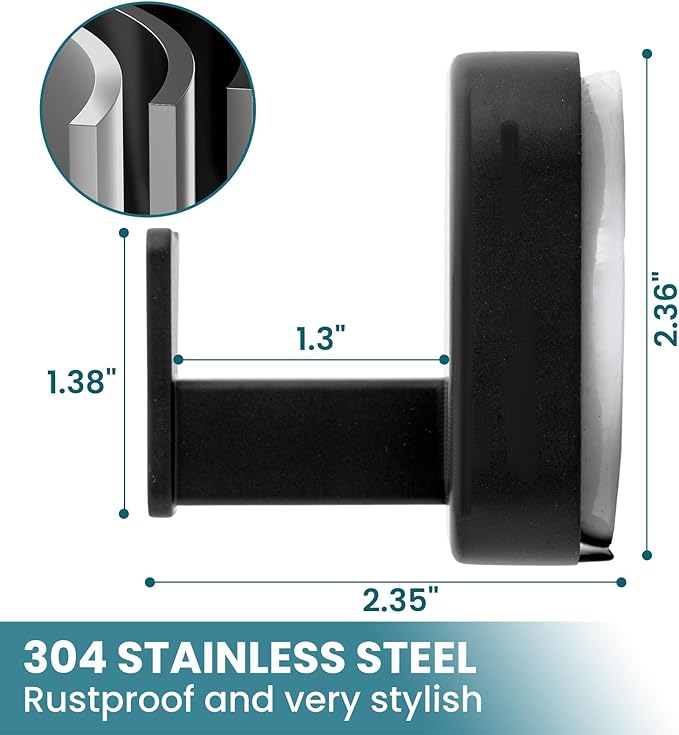 TAILI Thickened 304 Stainless Steel Bathroom Suction Hook for Towel, Loofah, Bathrobe, Patented Strong Suction Cup Holder, Damage-Free Hanging Glass Shower Wall Hook, Hold Up to 11 Lbs, 2 Pack, Black