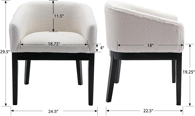 White Mid Century Modern Dining Chairs Set of 4, Farmhouse Boucle Upholstered Accent Curved Backrest Kitchen Chairs Armchairs with Black Wood Legs, White