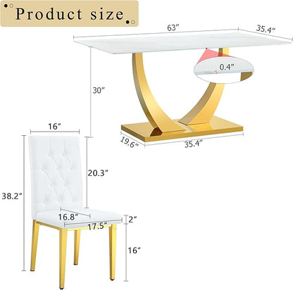 63" Modern Dining Table Set for 6, White Dining Room Set for 6, Tempered Glass Kitchen Table and PU Leather Chairs, Marble Pattern Top with Sturdy Gold Chrome Base