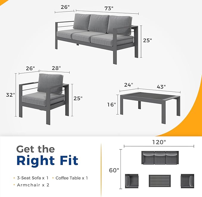 Wisteria Lane Aluminum Outdoor Patio Furniture Set, Modern Patio Conversation Sets, Outdoor Sectional Metal Sofa with 5 Inch Cushion and Coffee Table for Balcony, Garden, Dark Grey