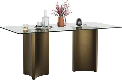 Asday 70 Inch Glass Dining Table with Bronze Base, Rectangular Dining Table for 6 People, Modern Brass Dining Room Table for Kitchen