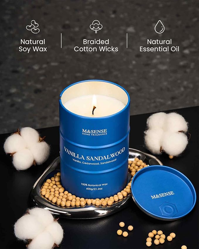 M&SENSE Vanilla Sandalwood Scented Candles Large, Natural Soy Candles 21.2oz 120 Hour Slow Burning,Aromatherapy Candle for Stress Relief Meditation Relaxing