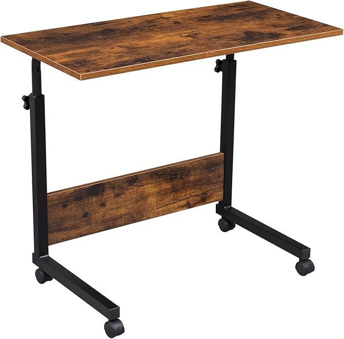 Goujxcy Sofa Side Table C Shaped End Table with Wheels, Rolling Bedside Laptop Table Snack Table TV Tray, Height Adjustable, Wooden Top & Metal Frame
