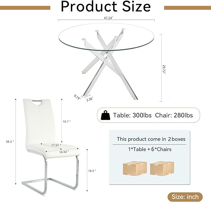 Goujxcy Round Dining Table Set for 6, Modern Glass Kitchen Table and Chairs Set of 6, 7 Piece Dining Room Table Set with 47" Circle Silver Metal Glass Dinner Table and 6 White Leather Dining Chairs