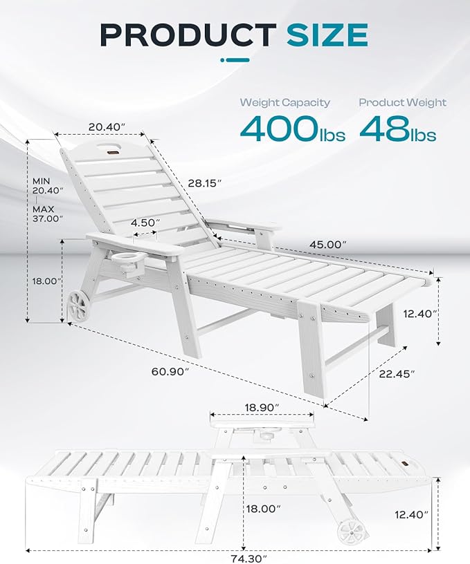 Outdoor Lounge Chair Set of 4, All Weather Patio Chaise Lounge Chairs for Outside, HDPE Chair with Rolling Wheels & Cup Holder, 5 Position, Deck, Pool, White