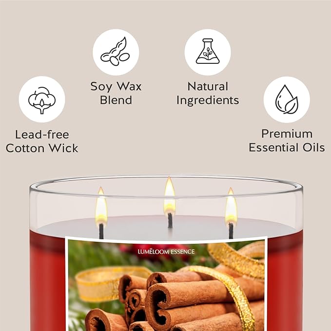 Cinnamon Candles, 14.5oz, Large 3-Wick Soy Wax Christmas Candles for Home Scented, Sweet Cinnamon, Apple, Clove Scent, Christmas, Holiday Gifts for Women, Men, Teacher, Long Burning Time