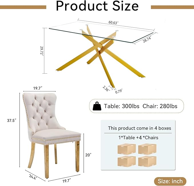 Goujxcy Glass Dining Table Set for 4, Modern Kitchen Table and Chairs Set of 4, 5-Piece Kitchen Dining Room Table Set w/61 Glass Gold Dining Table and 4 Beige Velvet Upholstered Chairs