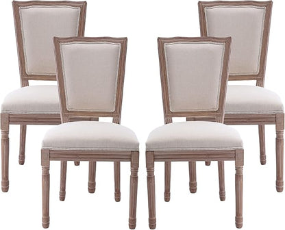 Nrizc Farmhouse Dining Room Chairs Set of 4, French Dining Chairs with Square Back, Brown Wood Legs, French Bistro Chairs for Dining Room/Living Room/Kitchen/Restaurant, Beige