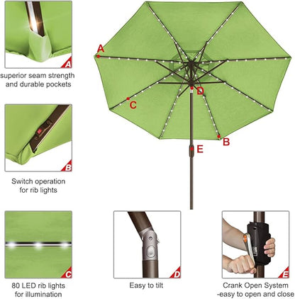 EliteShade USA 10-Year-Non-Fading Solar 9ft Market Umbrella with 80 LED Lights Patio Umbrellas Outdoor Table Umbrella with Ventilation, Macaw Green