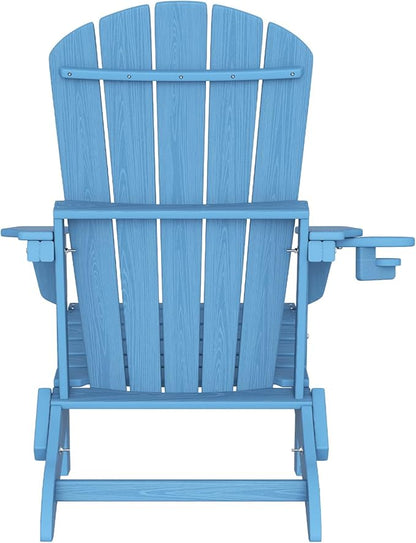 Plawdlik Folding Adirondack Chair Set of 4 with Cup Holder, SGS Tested, HDPE Heavy All-Weather,Wooden Textured,Backyard Fire Pit, Light Blue