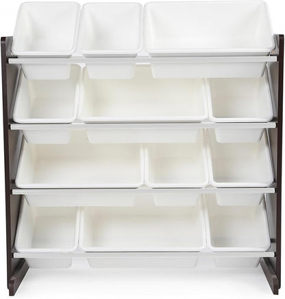 Humble Crew Kids Toy Storage Organizer with 12 Plastic Bins, Espresso/White – Removable Bins for Playroom, Bedroom, Toddler Furniture for Boys and Girls Ages