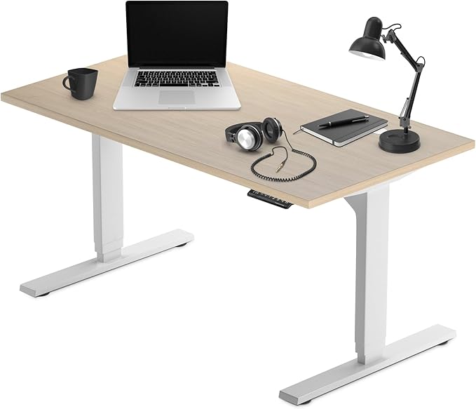 Progressive Desk Stand Up Adjustable Height Electric Standing Desk - 60"x30" Dual Motor, Computer Workstation Table for Home Office - Bright Beech, White Frame