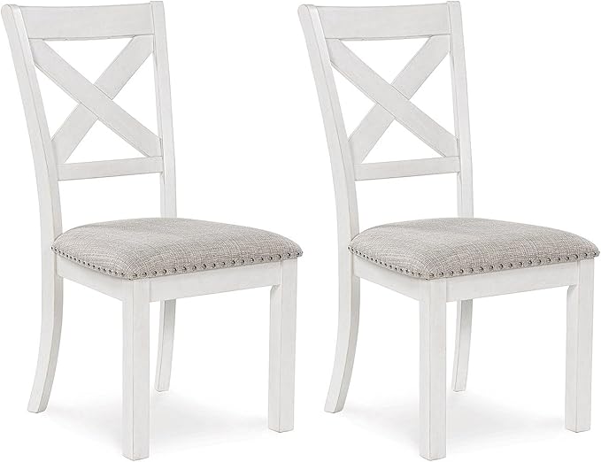 Signature Design by Ashley Robbinsdale Casual Upholstered Solid Wood Dining Chair with Nailhead Trim, Set of 2, White & Light Gray
