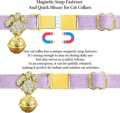 Personalized Breakaway Cat Collars - Magnetic Buckle, Bell - Safety Quick Release, Customized for Girls & Boys Cats - Velvet -Navy