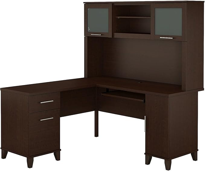 Bush Furniture Somerset 60W L Shaped Desk with Hutch in Mocha Cherry