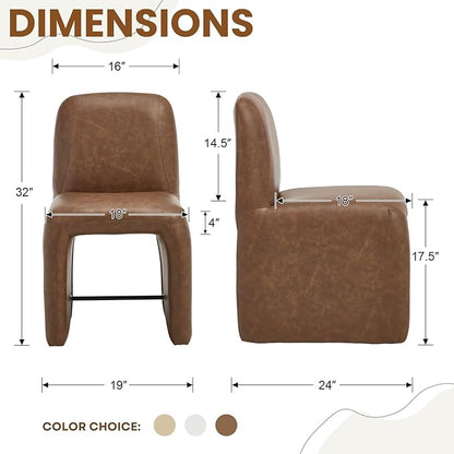 Brown Upholstered Leather Dining Chairs Set of 2, Mid Century Modern Dining Room Chairs with Deep Seat & Curved Back, Armless Side Chair Comfy Kitchen Chairs for Living Room/Kitchen
