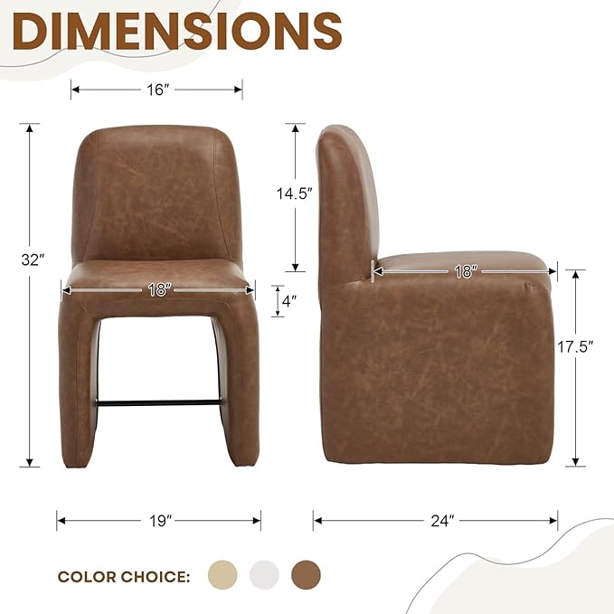 Brown Upholstered Leather Dining Chairs Set of 6, Mid Century Modern Dining Room Chairs with Deep Seat & Curved Back, Armless Side Chair Comfy Kitchen Chairs for Living Room/Kitchen
