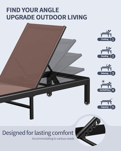Aluminum Lounge Chairs Outdoor Chaise Furniture,2 Sets Patio Metal Deck Lounger Adjustable 5-Position Poolside Chase Recliner with Wheels for Beach,Coffee Table, (Brown, 2 Chair)