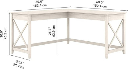 Bush Furniture Key West 60W Modern Farmhouse L Shaped Desk in Linen White Oak, 60-Inch Corner Computer Table for Home Office Workspace