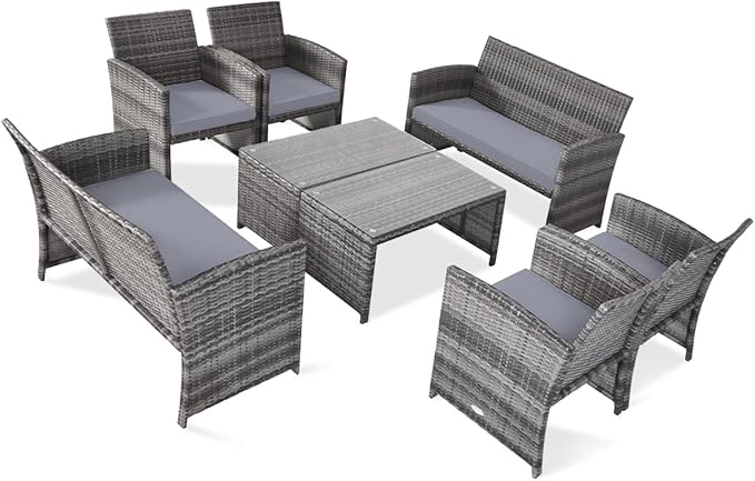 Tangkula 8 Pieces Patio Wicker Conversation Furniture Set, Patiojoy Sofa & Table Set w/4 Seats, Outdoor Rattan Sofa Set for Balcony Backyard, Wicker Chair Set with Tempered Glass Coffee Table