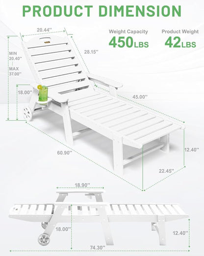Lounge Chair Outdoor Set of 2, HDPE Chaise Lounge Outdoor with 6-Position & Wheels &Cup Holder, Pool Lounge Chair for Pool Poolside Deck Backyard Patio, White