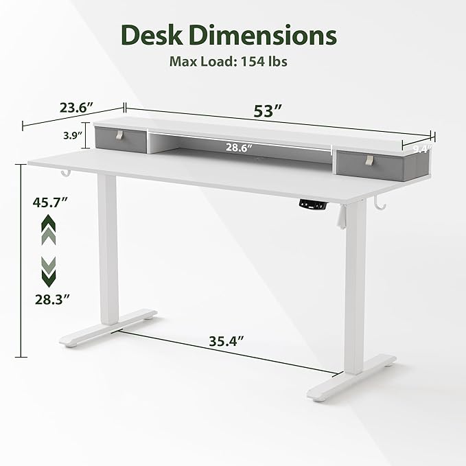 Agilestic 53 x 24 Inches Height Adjustable Electric Standing Desk with 2 Drawers, Stand Up Electric Desk Adjustable Height, Sit Stand Computer Gaming Table with Splice Board, White