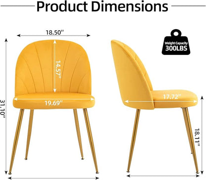 Velvet Dining Chairs Set of 2, Upholstered Mid Century Modern Dining Chairs, Armless Accent Chair with Metal Gold Legs for Living Room, Kitchen, Dining Room, Yellow