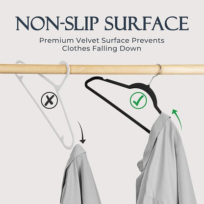 HOUSE DAY Black Velvet Hangers 60 Pack, Non Slip Clothes Felt Hanger Heavy Duty for Coat, Premium Slim Space Saving Suit Hangers for Closet Organizer, 360° Rotating Silver Hook