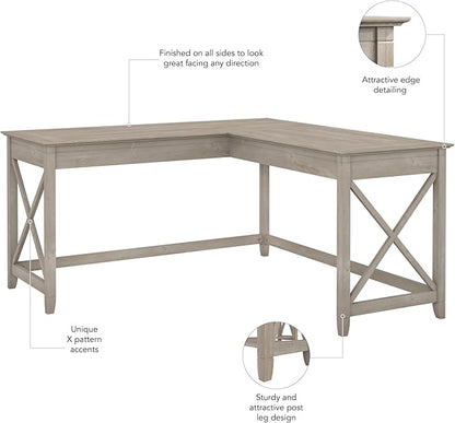 Bush Furniture Key West 60W Modern Farmhouse L Shaped Desk in Washed Gray, 60-Inch Corner Computer Table for Home Office Workspace