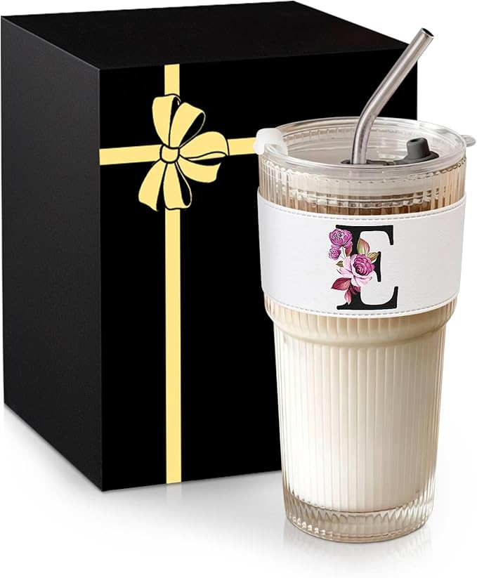 Monogram Glass Cup with Lid Straw Ribbed Ice Tea Coffee Matcha Mujer Vasos Vidrio Latte Clear Tumbler Regalos Mother Day Mama Mommy Bonus Best Mom Ever Asthetic Special Custom Personalized Gift E