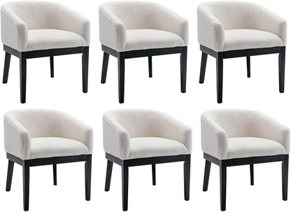 White Mid Century Modern Dining Chairs Set of 6, Farmhouse Boucle Upholstered Accent Curved Backrest Kitchen Chairs Armchairs with Black Wood Legs, White