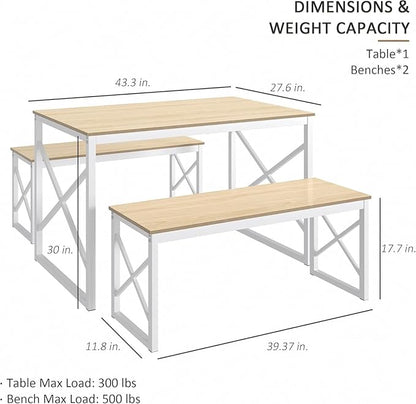 VECELO Kitchen Dining Table Benches Set for 4, 43.3" Wooden Dinette with 2 Benches, Heavy-Duty Dining Room Table for Small Space, Breakfast Nook, Natural Oak