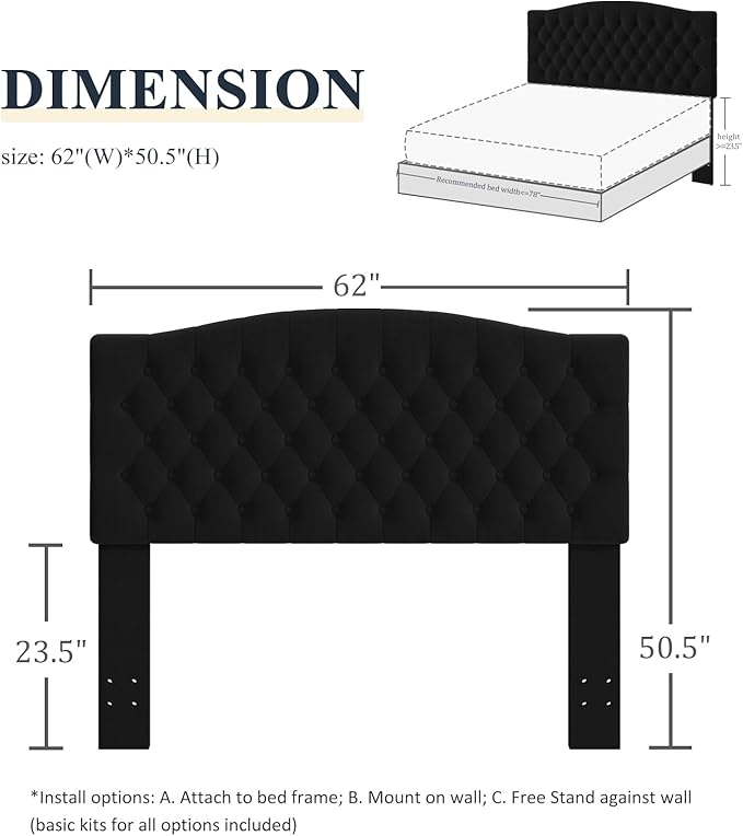 Queen Headboard Only, Upholstered Headboard for Adjustable Bed Linen Tufted Queen/Full Size Wall Mounted Head Board with Solid Wood Legs Head Board, Black