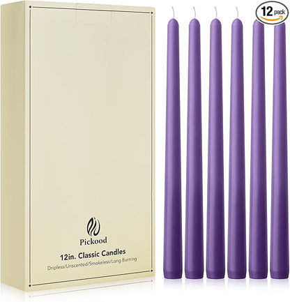 New Burning Formula Unscented Dripless 12-Inch Taper Candles Set of 12 - Purple, for Wedding, Dinner - Smokeless, Long Burning - Hand Poured, Colored Tall Candlesticks - Púrpura