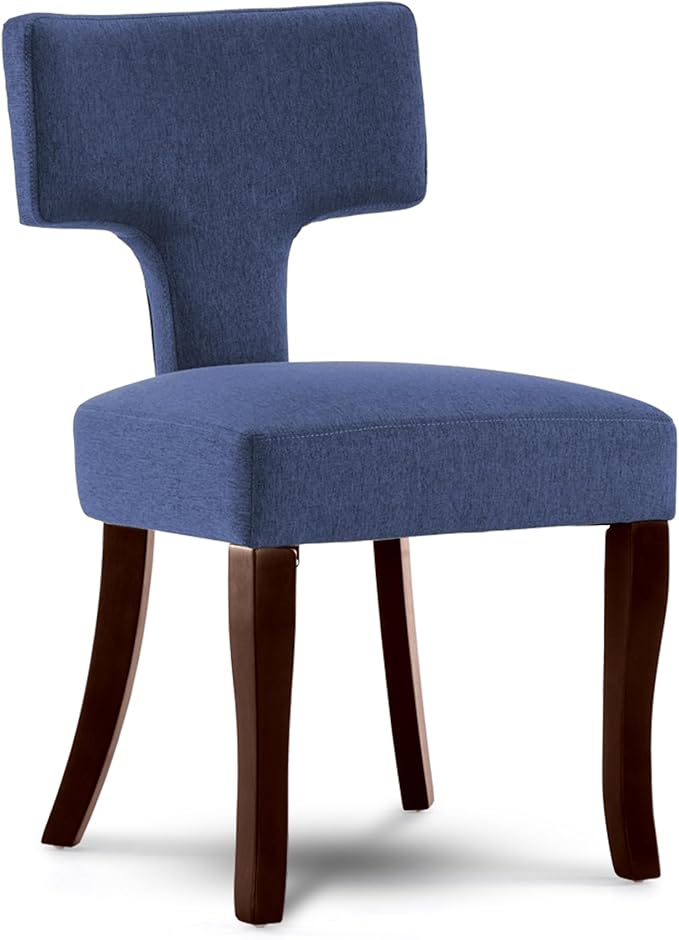 Mid Century Modern Dining Chairs Set of 2, Upholstered Side Dining Chairs with Curved Back Linen Fabric Armless Wood Chairs Kitchen & Dining Room Farmhouse Chairs (Blue)