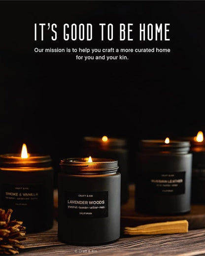 Craft & Kin Premium Vintage Leather Candle | Black Christmas Scented Candles for Men | Long Lasting with 45 Hour Burn Time, 7.6oz | Soy Holiday Candles | Aromatherapy at Home | Gifts for Men