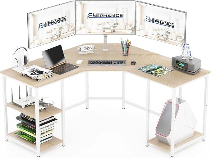 Elephance Large L-Shaped Computer Desk with Shelves, Corner Desk, Home Office Writing Workstation, Gaming Desk PC Latop Table with Storage