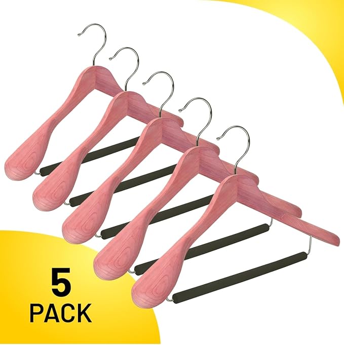 Cedar Hangers for Closet - 5 Pack Extra Wide Wooden Hangers for Suits, Coat, Dress, Jacket, Clothes Storage - Non Slip Foam Padded Pant Bar with 360° Swivel Hook, Aromatic American Cedar Wood