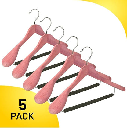 Cedar Hangers for Closet - 5 Pack Extra Wide Wooden Hangers for Suits, Coat, Dress, Jacket, Clothes Storage - Non Slip Foam Padded Pant Bar with 360° Swivel Hook, Aromatic American Cedar Wood