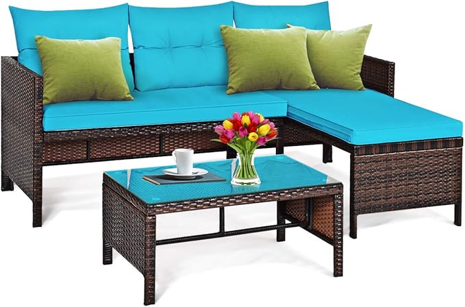Tangkula Patio Corner Sofa Set 3 Piece, Outdoor Rattan Sofa Set, Includes Lounge Chaise, Loveseat & Coffee Table, Patio Garden Poolside Lawn Backyard Furniture