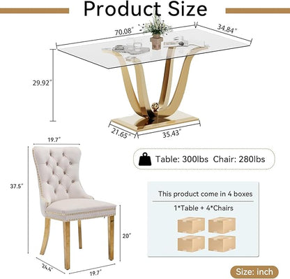 70" Modern Gold Glass Dining Table Set for 4, 5-Piece Rectangle Kitchen Dining Room Table Set with Steel Base & 4 Beige Velvet Upholstered Chairs, Modern Glass Kitchen Table and Chairs Set of 4