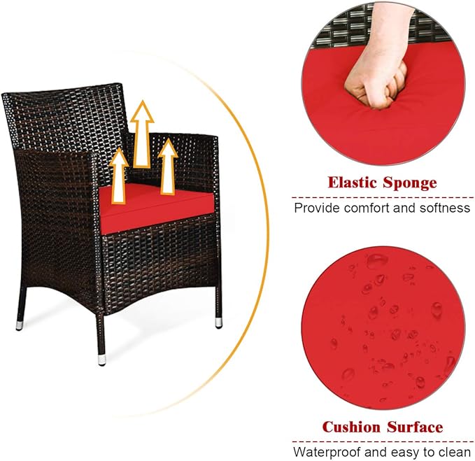 Tangkula 4 PCS Patio Rattan Conversation Set, Outdoor Wicker Furniture with Tempered Glass Coffee Table & Thick Cushion, Rattan Chair Wicker Set for Garden, Lawn, Poolside and Backyard (1, Red)