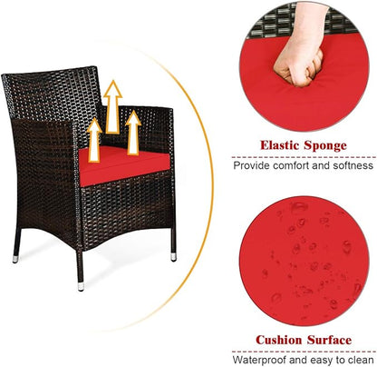 Tangkula 4 PCS Patio Rattan Conversation Set, Outdoor Wicker Furniture with Tempered Glass Coffee Table & Thick Cushion, Rattan Chair Wicker Set for Garden, Lawn, Poolside and Backyard (1, Red)