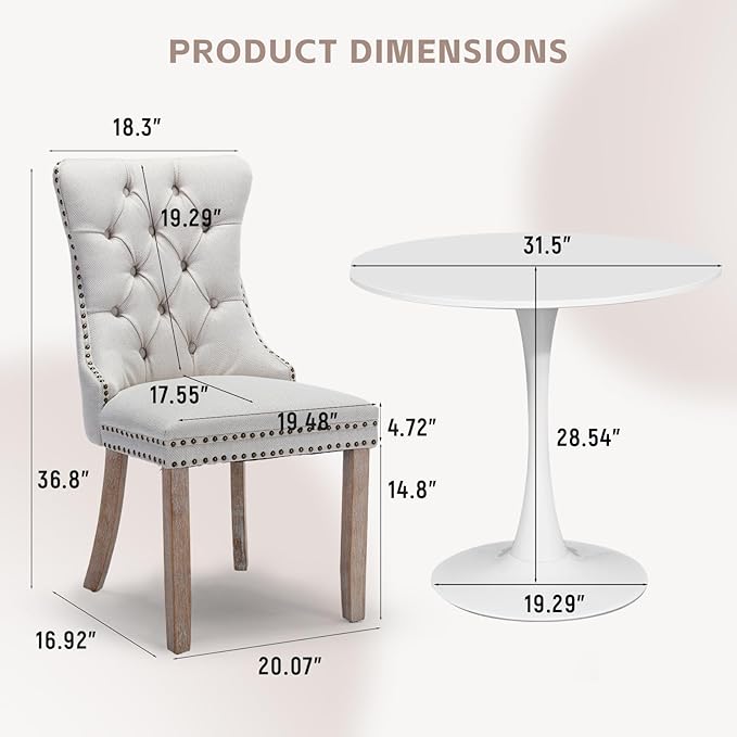 SoarFlash Kitchen Table and Chairs for 2, 31.5" Dining Table Set for 2 with Linen Upholstered Chairs, 3 Piece Round Kitchen Table Set, Dining Room Table Set for Small Space, Apartment, Beige/White