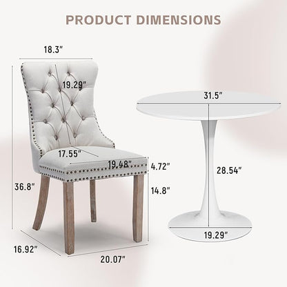 SoarFlash Kitchen Table and Chairs for 2, 31.5" Dining Table Set for 2 with Linen Upholstered Chairs, 3 Piece Round Kitchen Table Set, Dining Room Table Set for Small Space, Apartment, Beige/White