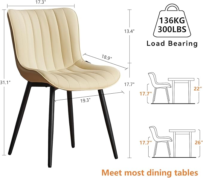 YOUNUOKE Mid-Century Modern Dining Chairs Set of 2, Beige PU Leather Upholstered Kitchen Chairs with Black Metal Legs, Armless Accent Chair for Dining Room, Guest Reception Room