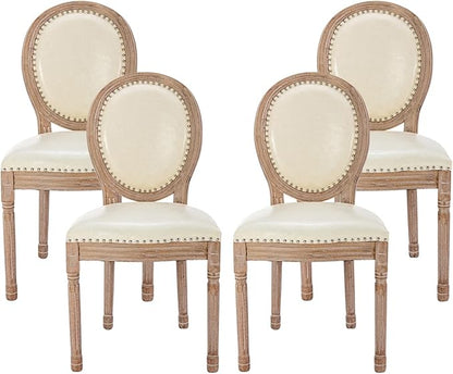 Nrizc French Country Dining Chairs Set of 4, Leather Farmhouse Dining Room Chairs with Round Back, Solid Wood Legs, Oval Side Chairs for Kitchen/Bedroom/Dining Room