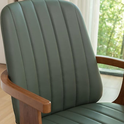 MCM Dining Chairs, Set of 6 Mid Century Modern Chairs with Walnut Craftsmanship, Upholstered Faux Leather, Wooden Arms and Legs, Faux Leather Dining Chairs for Kitchen/Living Room - Green