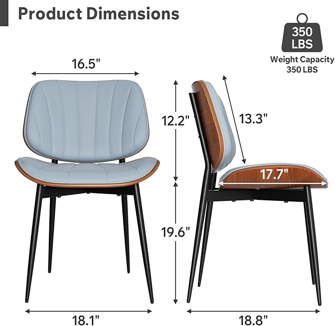 Dining Chairs Set of 6, Mid Century Modern Dining Room Chairs, Upholstered Faux Leather Kitchen Chairs with Walnut Bentwood Back and Metal Legs, Blue