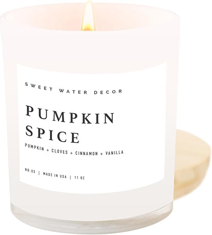 Sweet Water Decor Pumpkin Spice Candle - Fall Candles with Pumpkin, Clover, Cinnamon & Vanilla Scent for Home - Pumpkin Candle with 50 Hours Burn Time - 11Oz Wood Lid White Jar Soy Candles